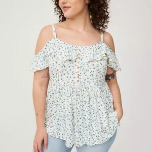 Torrid Soft Ditsy Floral Whisper White Off-Shoulder Button Babydoll Top Size 1X